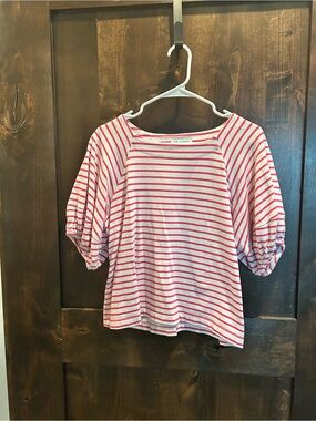 Women's Pink and White Striped Puff-Sleeve Tee